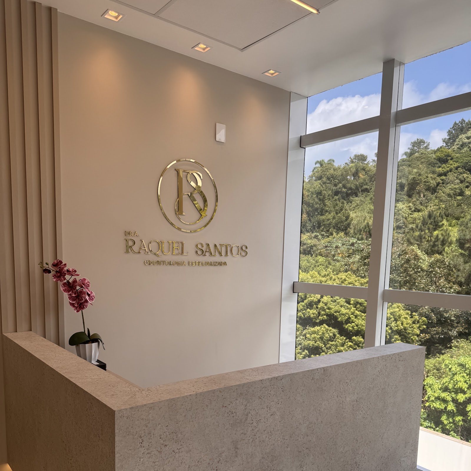 Recepção da clínica com o nome Dra. Raquel Santos em relevo dourado na parede e janela para a mata